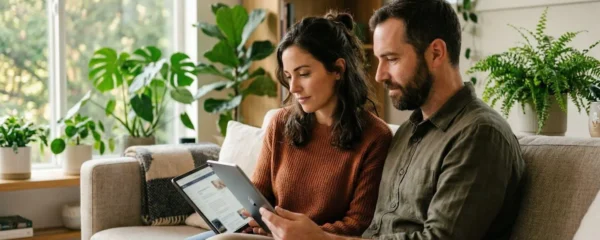 Un couple trentenaire installé sur un canapé moderne consulte ensemble une tablette dans un salon baigné de lumière naturelle