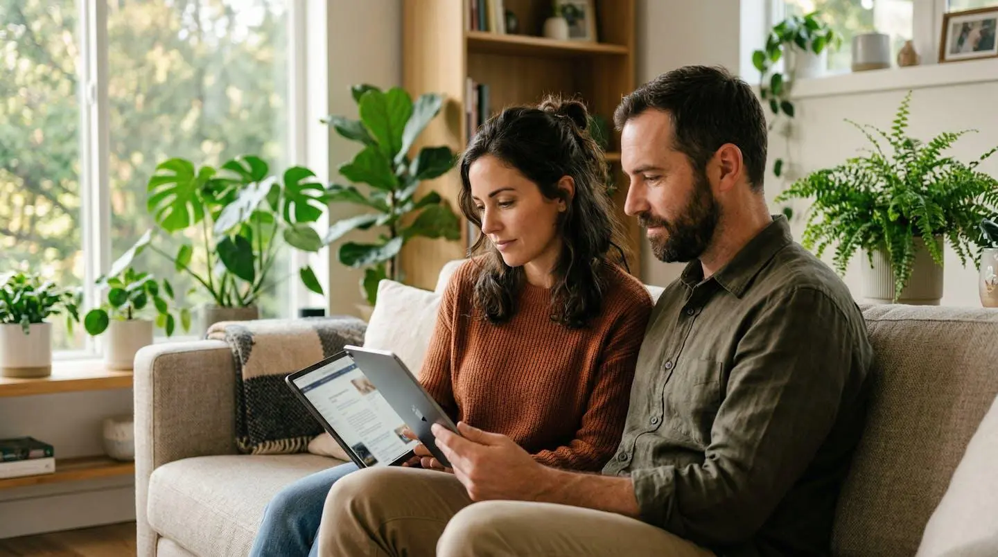 Un couple trentenaire installé sur un canapé moderne consulte ensemble une tablette dans un salon baigné de lumière naturelle