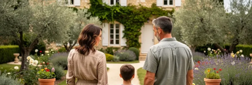 Famille regardant une maison provençale avec jardin à Carcassonne