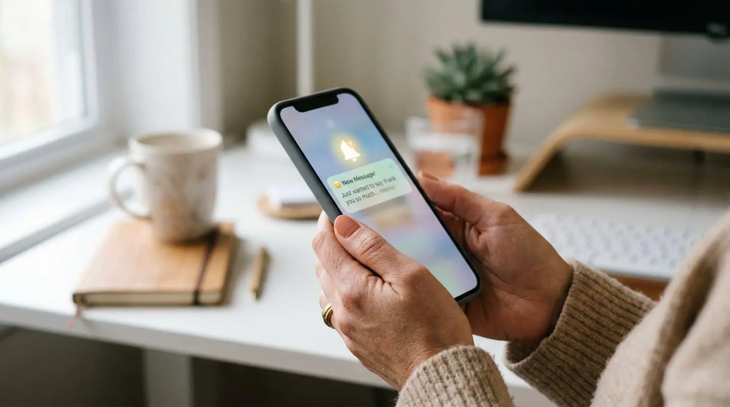 Des mains tiennent un smartphone affichant une notification, avec un bureau à domicile épuré en arrière-plan flouté