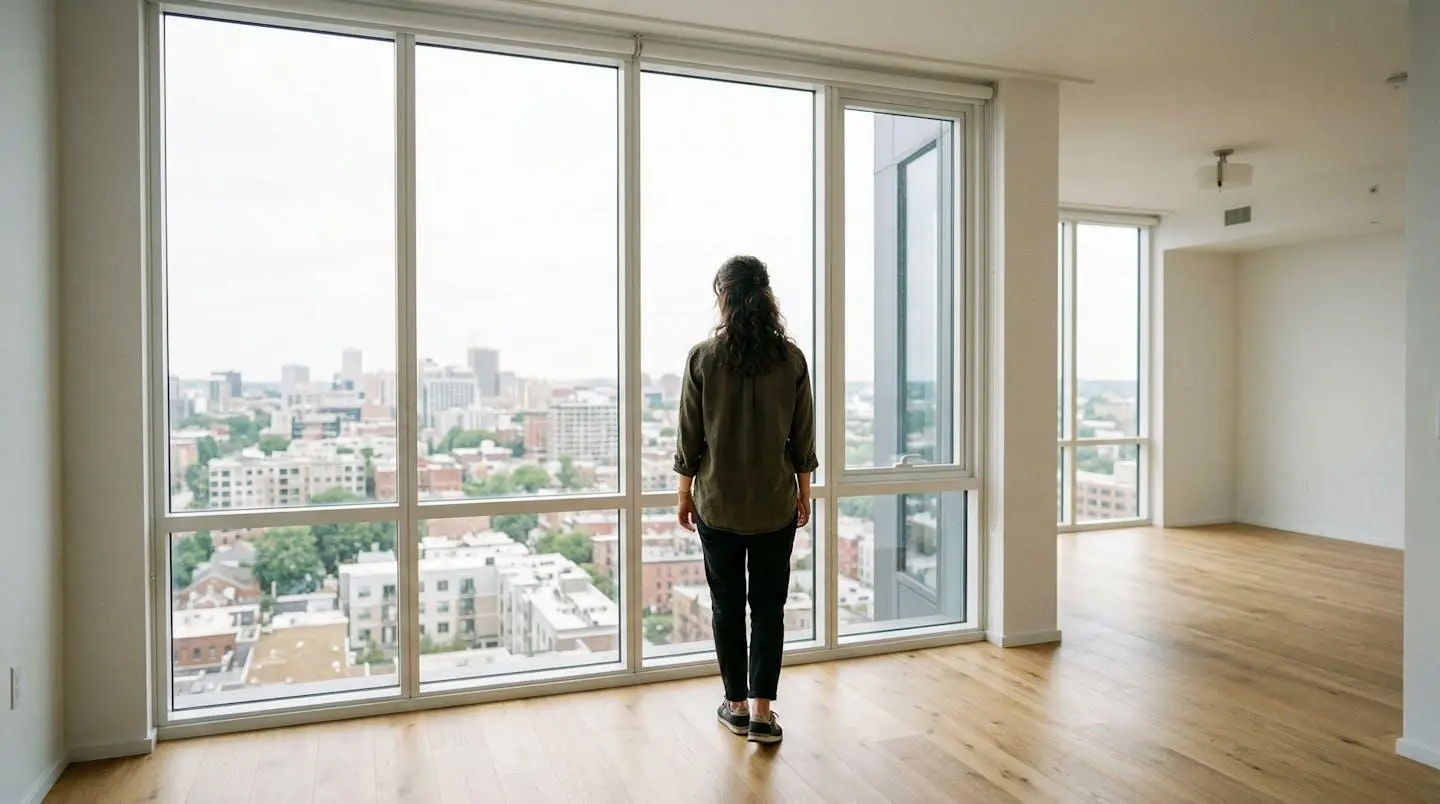 Une personne vue de dos regarde par une grande fenêtre dans un appartement vide lors d'une visite immobilière