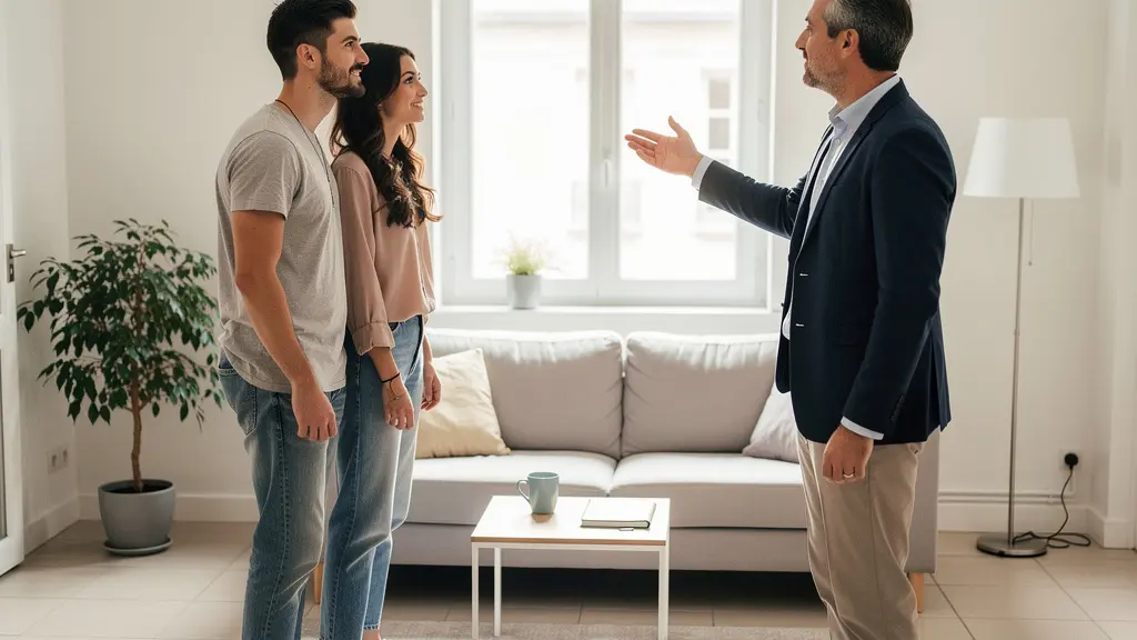 Agent immobilier présentant une pièce lumineuse à un couple lors d'une visite