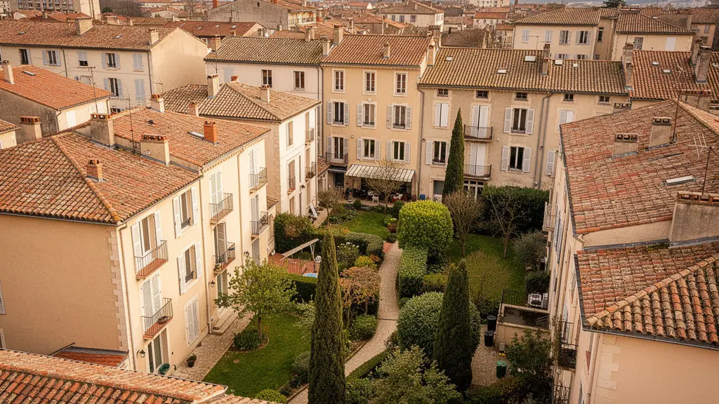 Vue aérienne d'un quartier résidentiel avec maisons et jardins à Carcassonne