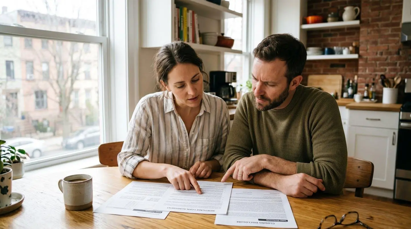 Un couple examine attentivement des documents de financement immobilier sur une table lumineuse