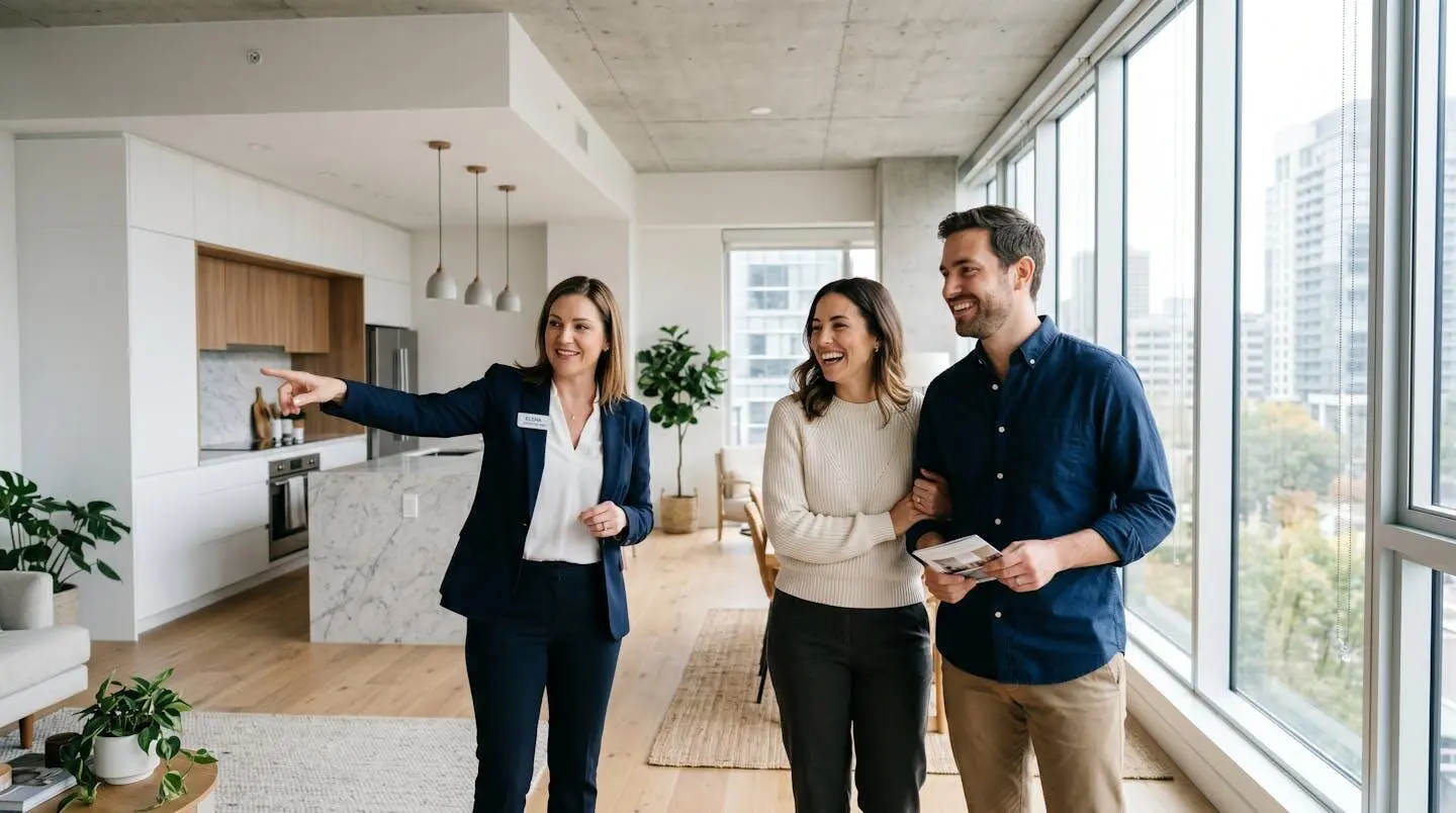 Couple de trentenaires visitant un appartement lumineux accompagné d'un agent immobilier professionnel