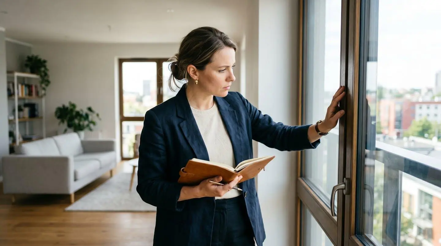 Femme inspectant l'encadrement d'une fenêtre lors d'une visite d'appartement avec un carnet de notes à la main