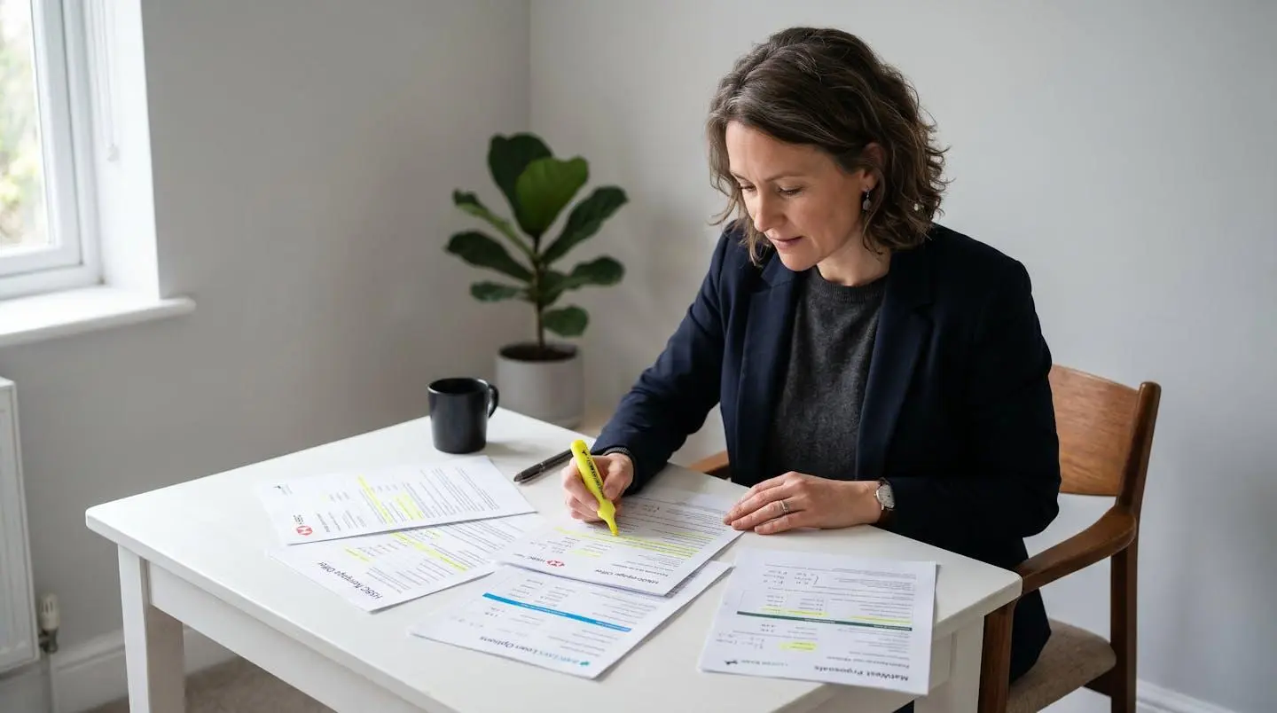 Une personne analyse plusieurs offres de prêt immobilier posées sur un bureau minimaliste