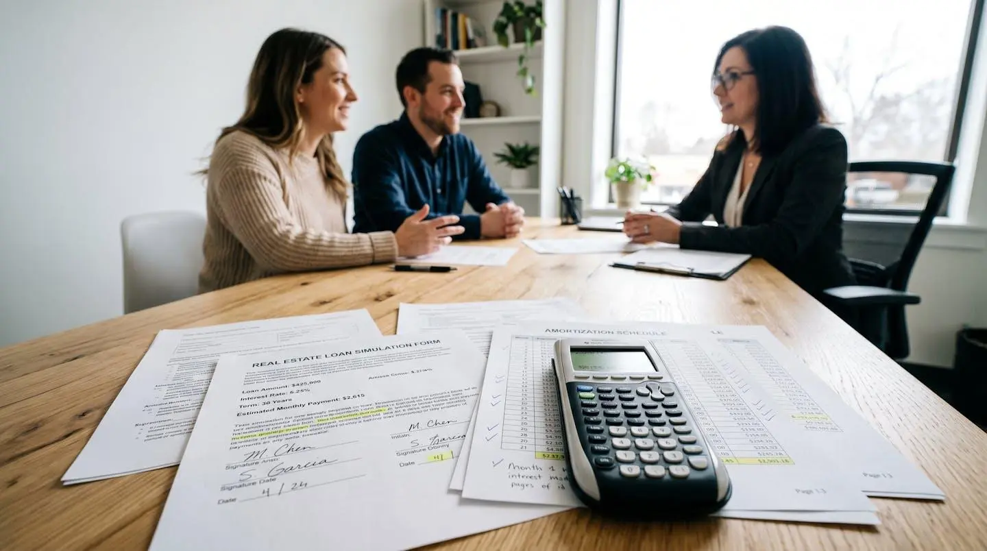 Documents de simulation de prêt immobilier et calculatrice sur une table avec un couple en arrière-plan flou discutant