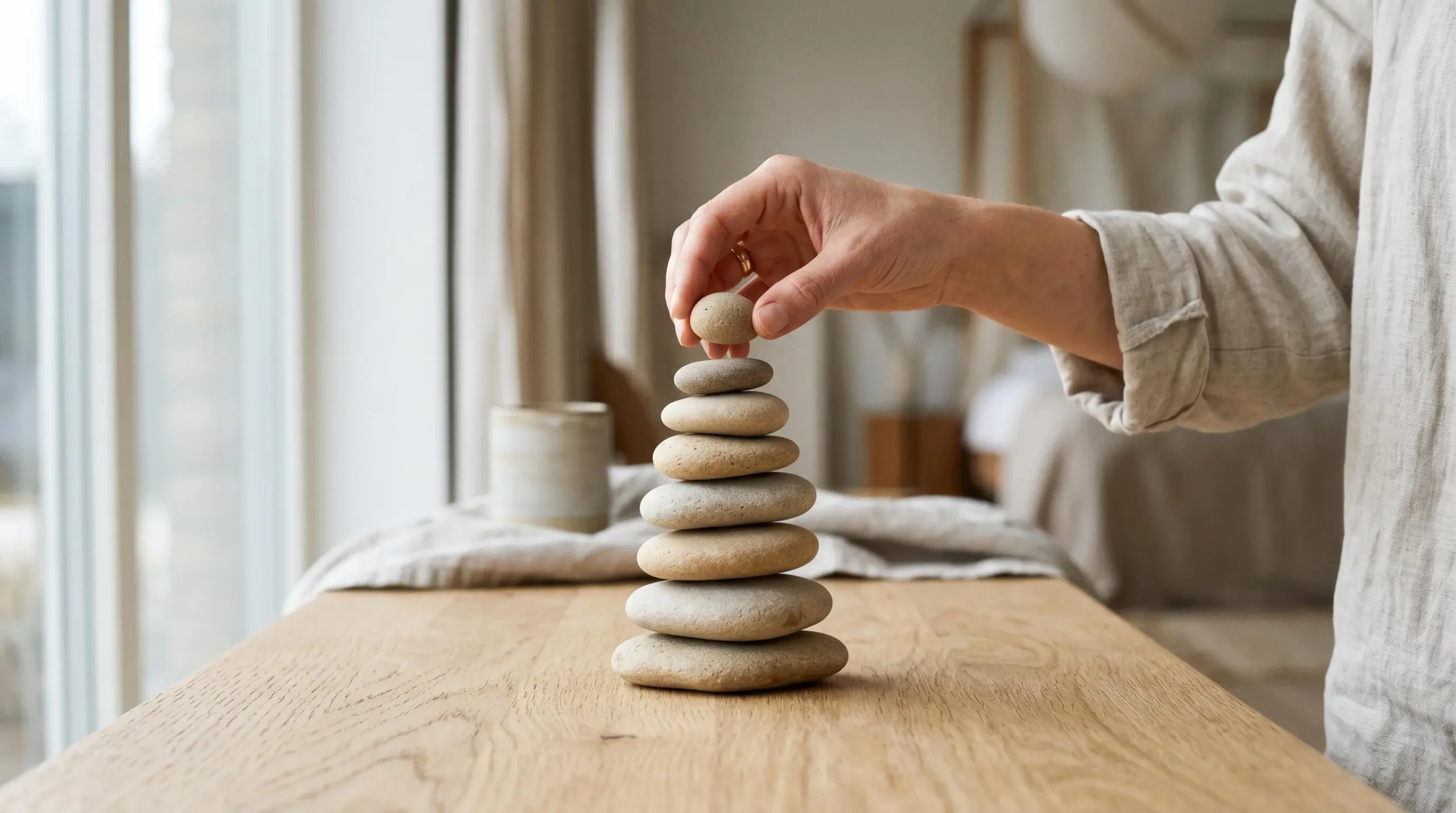 Main posant délicatement une pierre sur un empilement équilibré (cairn) en bois clair, symbolisant la construction méthodique d'une gestion locative sécurisée