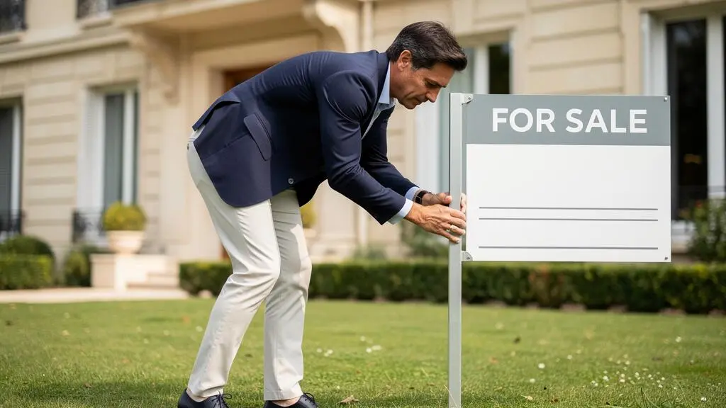 Agent immobilier installant un panneau professionnel à vendre devant une propriété résidentielle