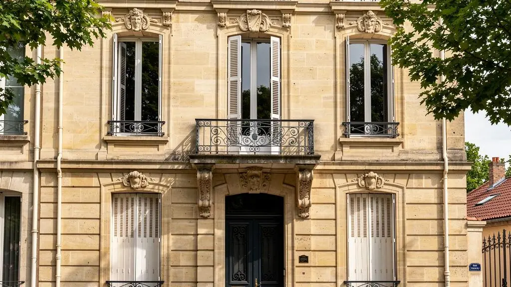 Façade de maison bourgeoise du 19ème siècle à Caudéran avec balcons en fer forgé et ornements architecturaux en pierre de Bordeaux