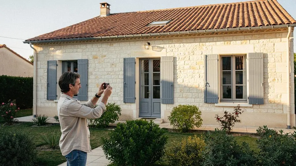 Propriétaire photographiant la façade de sa maison avec son smartphone pour une vente entre particuliers