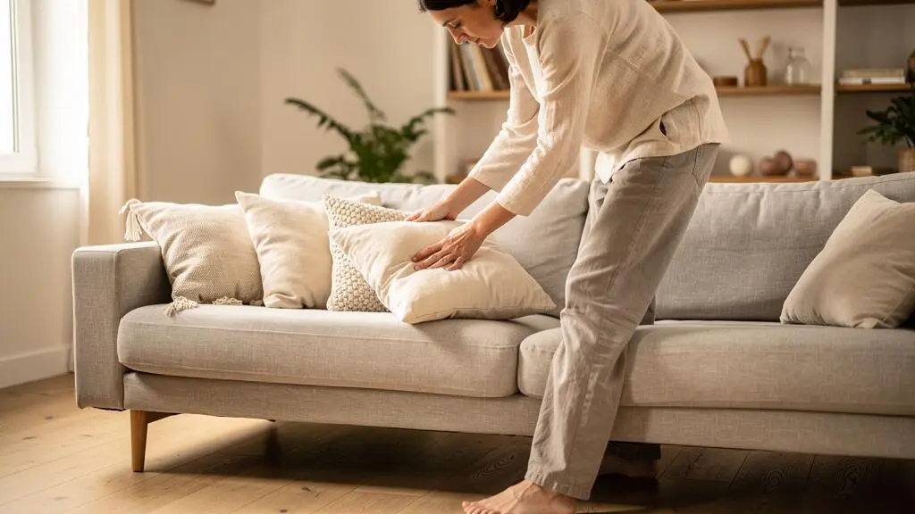 Propriétaire arrangeant la décoration de son salon pour préparer la vente de son bien immobilier