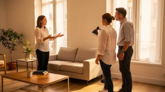 Agent immobilier présentant un appartement à un couple d'acheteurs potentiels lors d'une visite