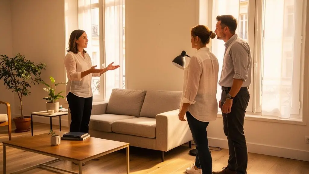 Agent immobilier présentant un appartement à un couple d'acheteurs potentiels lors d'une visite